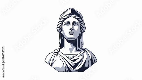 Roman bust sculpture, stately woman with classical helmet, flowing robes depicted. Monochrome roman bust sculpture embodies ancient wisdom, strength, timeless elegance.