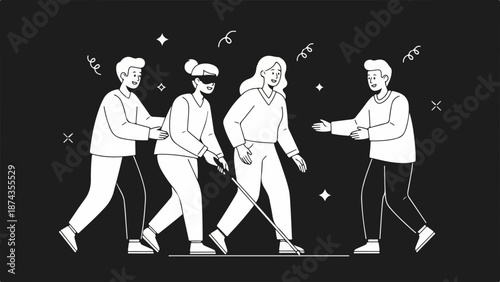 People engaged in trust exercise, blindfolded participants guided by partners. Group activity emphasizes communication and mutual support in team building trust exercise.