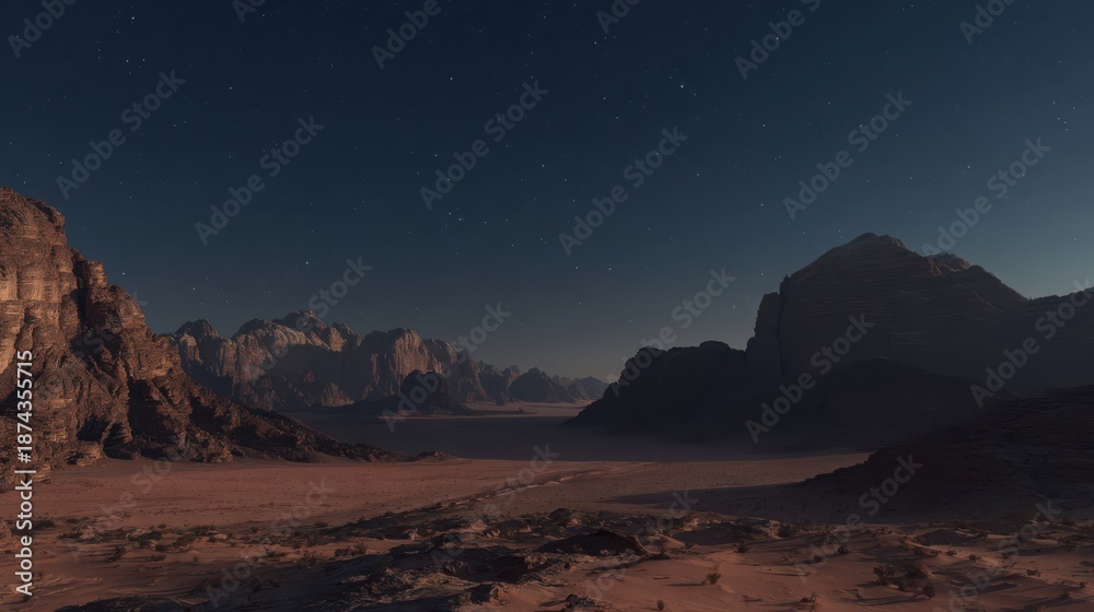 Obraz premium Vast desert expanse under a twilight sky with majestic mountains and distant stars