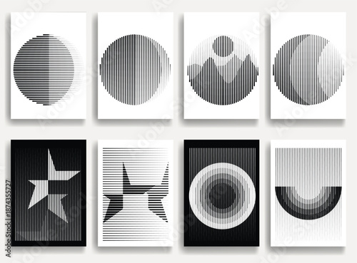 Geometric vector posters set with speed lines- modern geometric circles, semicircles , triangles pattern created with thick and bold dynamic lines for design. Shapes for posters and branding.
