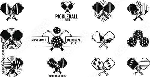 Black and white pickleball logo bundle featuring crossed paddles balls and court elements for sports club badges tournament labels and apparel design vector illustration