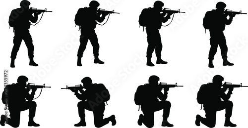 Black silhouette collection of professional soldiers in standing and kneeling tactical poses with rifles and backpacks isolated on white background for military vector design