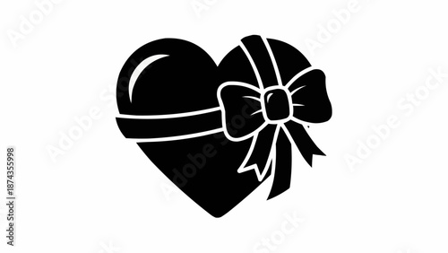 Black heart shaped gift box with ribbon and bow.