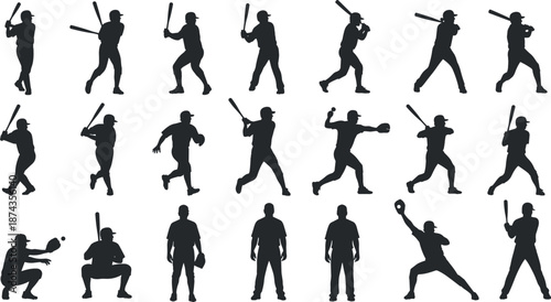 Collection of Baseball Player Silhouettes Featuring Batters Pitchers Catchers and Fielders in Various Dynamic Action Poses for Sports Design Projects
