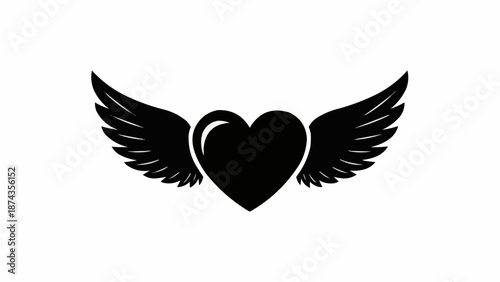 Black heart with spread wings graphic symbol.