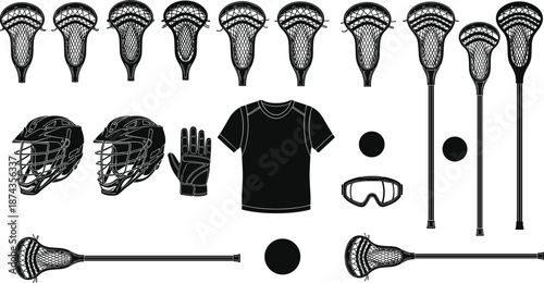 Comprehensive Lacrosse Equipment Set Featuring Professional Sticks Heads Helmets Protective Gloves Goggles Balls And Athletic Jersey Vector Icons Isolated For Sports Team Graphic Design