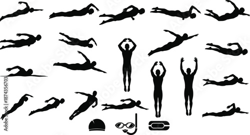 Set of black swimming silhouettes depicting male swimmers in action, diving poses, and essential equipment icons like goggles and cap for water sports design