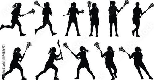 Silhouette of Female Lacrosse Players Set Featuring Women Athletes Running Passing and Shooting Action Poses Isolated on White Background for Sports Competition Design Graphics