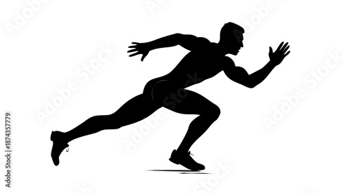 Dynamic silhouette of a male athlete in a sprinting pose, mid-stride, showing muscle tension and speed, athletic competition vector.