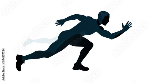 Dynamic silhouette of a male athlete in a sprinting pose, mid-stride, showing muscle tension and speed, athletic competition vector.