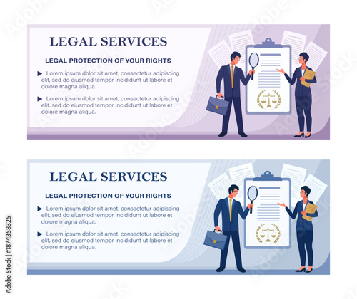 Vector banners for legal services. Male and female lawyers in business suits examine a contract under a magnifying glass. Flat design header template with space for text for corporate branding.