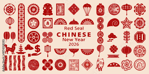 A vibrant collection of red seals and traditional symbols for chinese new year