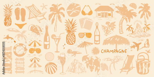 A summery collection of beach elements including tropical fruit and relaxation items