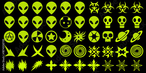 Neon green alien heads skulls and various symbols on a black background