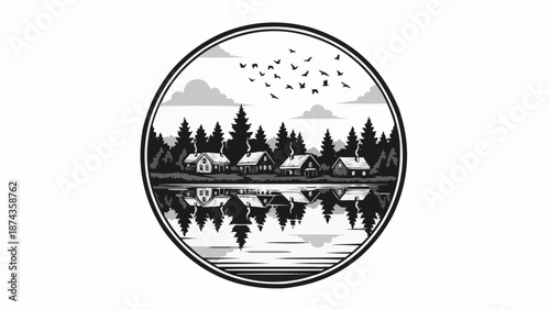 Rustic village nestled by a serene lake surrounded by pine trees.