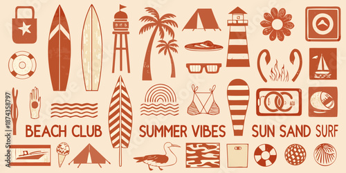 A collection of summer icons surfboards beach gear and tropical elements