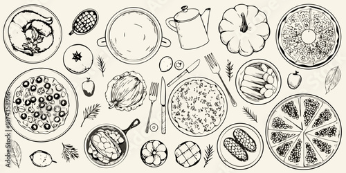 A bountiful harvest sketch festive food arrangement with autumn produce and cookware