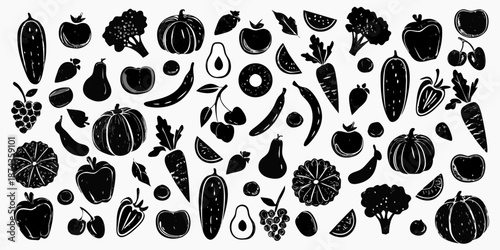 A diverse collection of hand drawn fruits and vegetables in black and white