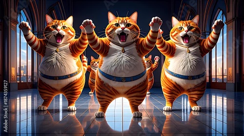 Group of animated cats dancing in a grand hall setting