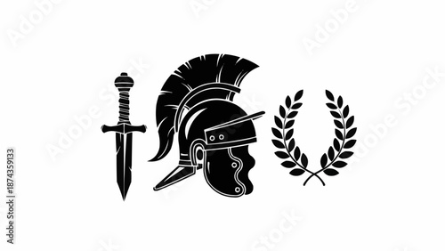 Roman Gladiator Helmet Sword and Laurel Wreath Icon.