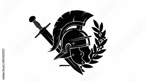 Roman soldier helmet sword and laurel wreath symbol.