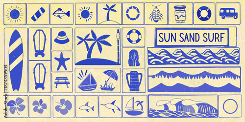 Vintage style blue and white summer icons and beach themed illustrations
