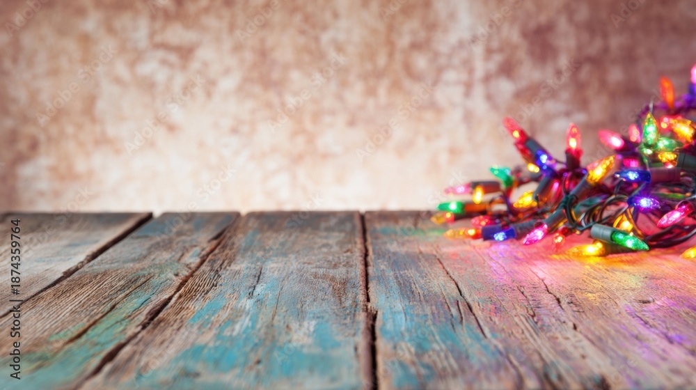 Obraz premium Colorful string lights on a weathered wooden table with a textured background