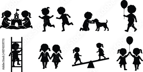 Children play silhouette set, outdoor activity icons, black vector illustration, editable design, isolated friendship and fun moments