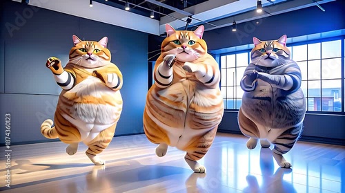 Three cartoon cats dancing in a sunlit modern studio