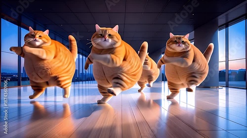 Four plump cats dancing in a modern glass-walled room at sunset