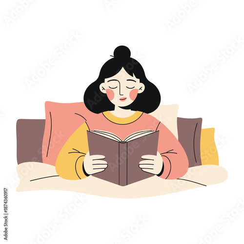 Woman reading book on couch with colorful pillows