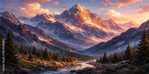 Sunrise and sunset over snowy mountain landscape with forests, peaks, and clouds