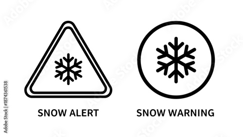 Winter Weather Warning and Alert Icons with Snowflake Symbols inside Triangle and Circle Signs
