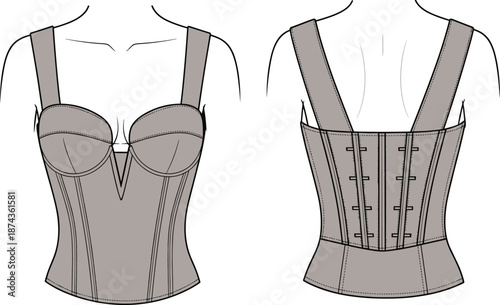 Corset Bodice Top Fashion Flat Sketch, Technical CAD Drawing, Flat Vector Illustration, Sweetheart Neckline, Bustier Top, Apparel Design, Front Back