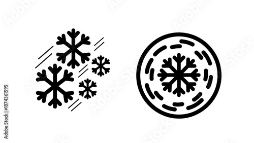 Minimalist Snowfall and Winter Weather Icons, Line Art Illustration of Snowflakes in Wind for Seasonal Climate and Meteorological Forecast Graphics