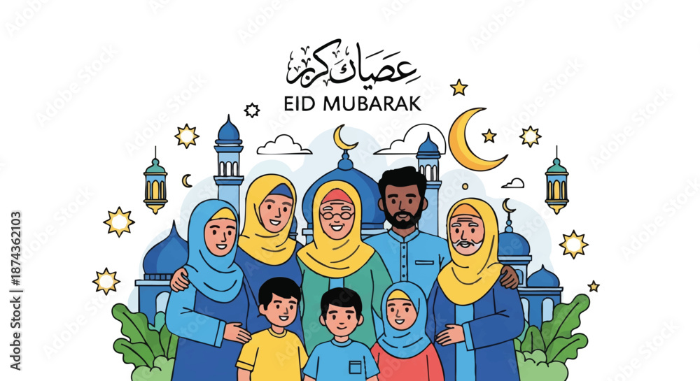 Fototapeta premium Joyful Muslim family celebrating Eid Mubarak, standing near a decorative mosque and crescent moon, rendered in a modern 2D flat vector illustration on a clean white background.