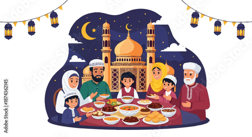 A diverse Muslim family celebrating Ramadhan together at an evening meal with traditional food and decorations.