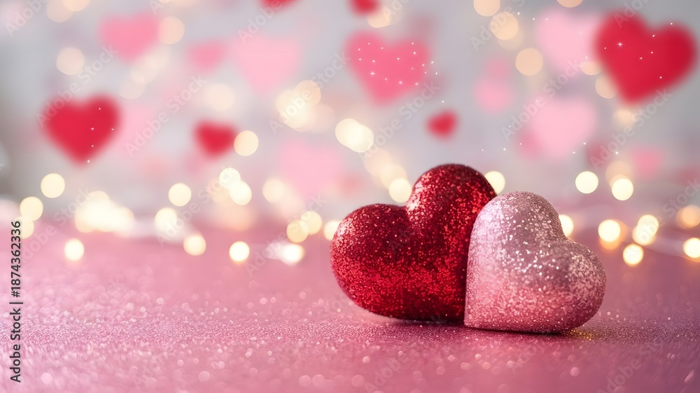 Obraz premium Two hearts, one red and one pink, placed together on a sparkling surface surrounded by floating hearts and lights.