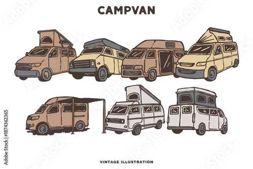 vintage and retro campvan drawing illustration bundle
