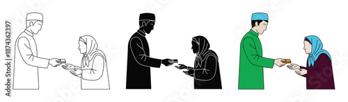 Muslim man giving zakat to poor woman vector design. Vector illustration.