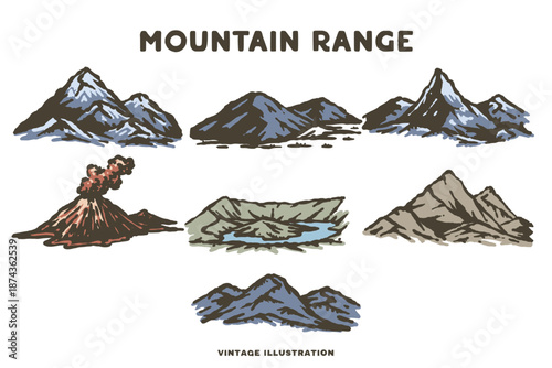 Vintage Mountain Range Illustration Set. Hand Drawn Nature Vector.