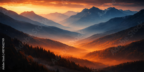 Beautiful sunrise and sunset view over misty mountain peaks with clouds and golden sun shining through the morning fog in a serene nature landscape forest valley