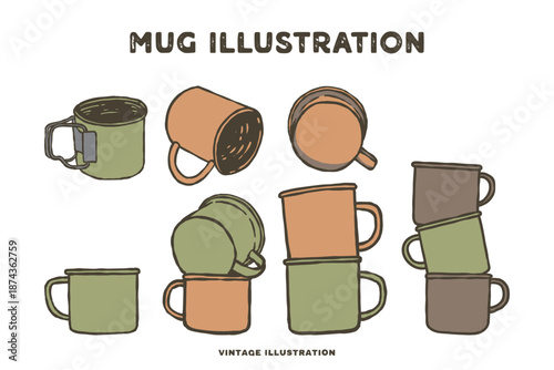 Vintage Camping Mug Set Vector Illustration - Hand Drawn Enamel Cups