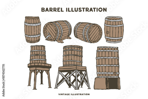 Vintage Hand Drawn Wooden Barrel and Cask Vector Illustration Set