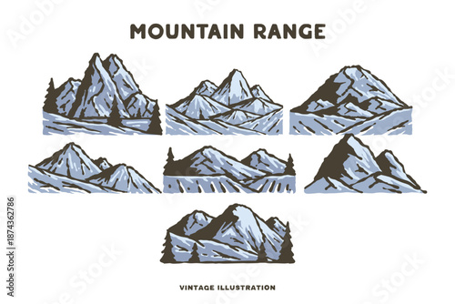Vintage Mountain Range Illustration Set. Hand Drawn Nature Vector.