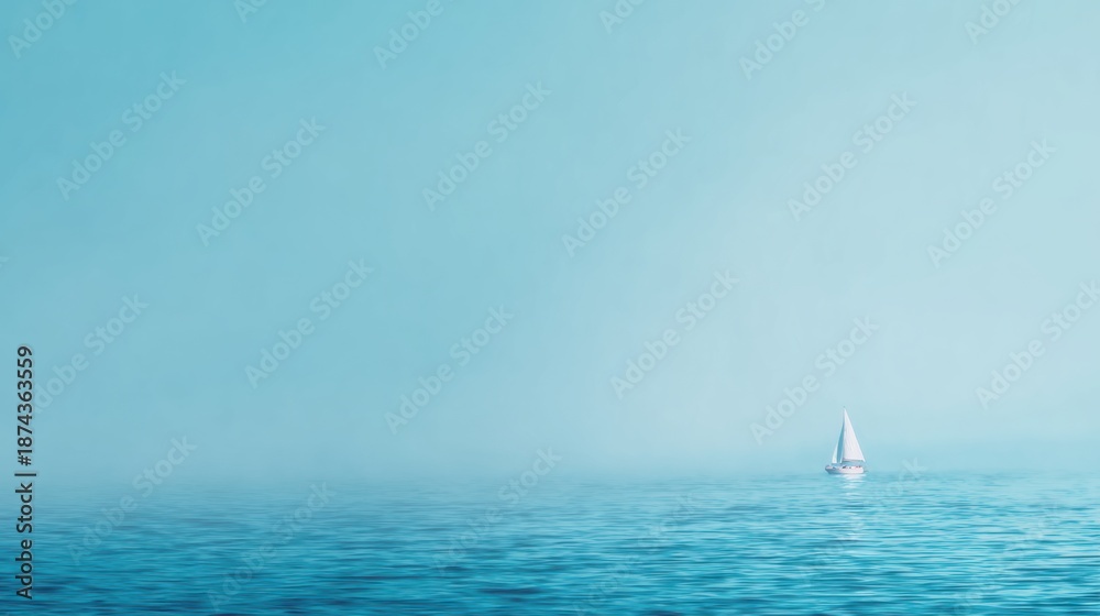 Obraz premium Sailboat moving through calm water in blue mist during early morning