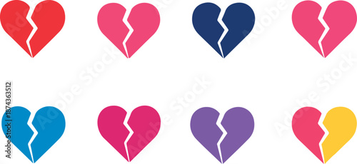 Broken heart symbols in various colors on white background