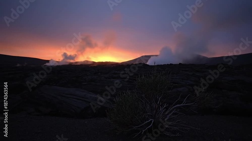Volcanic Eruption at Sunset in Dark Landscape.