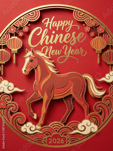 Paper Cut Chinese New Year 2026 Horse Poster Design