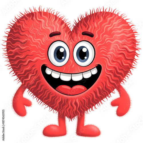A happy, fuzzy red cartoon heart mascot with big eyes stands smiling, isolated on a transparent background for marketing.